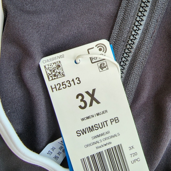 NWT Adidas Original Black White Adicolor Three Stripe Zip Up one Piece Swimsuit - Picture 7 of 8